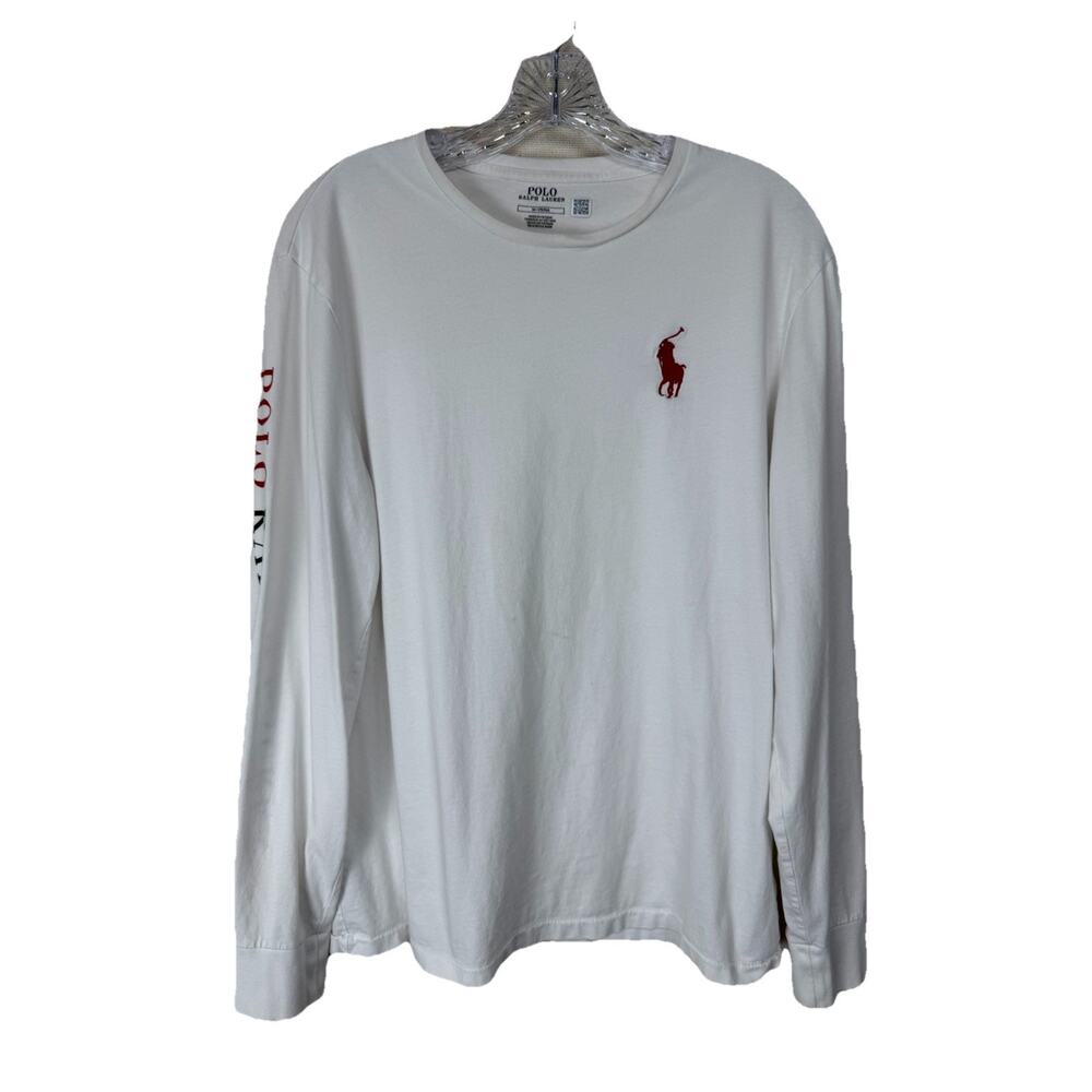 Polo Ralph Lauren Men's White Crew Neck Large Red Ponly M Long‎ Sleeves READ